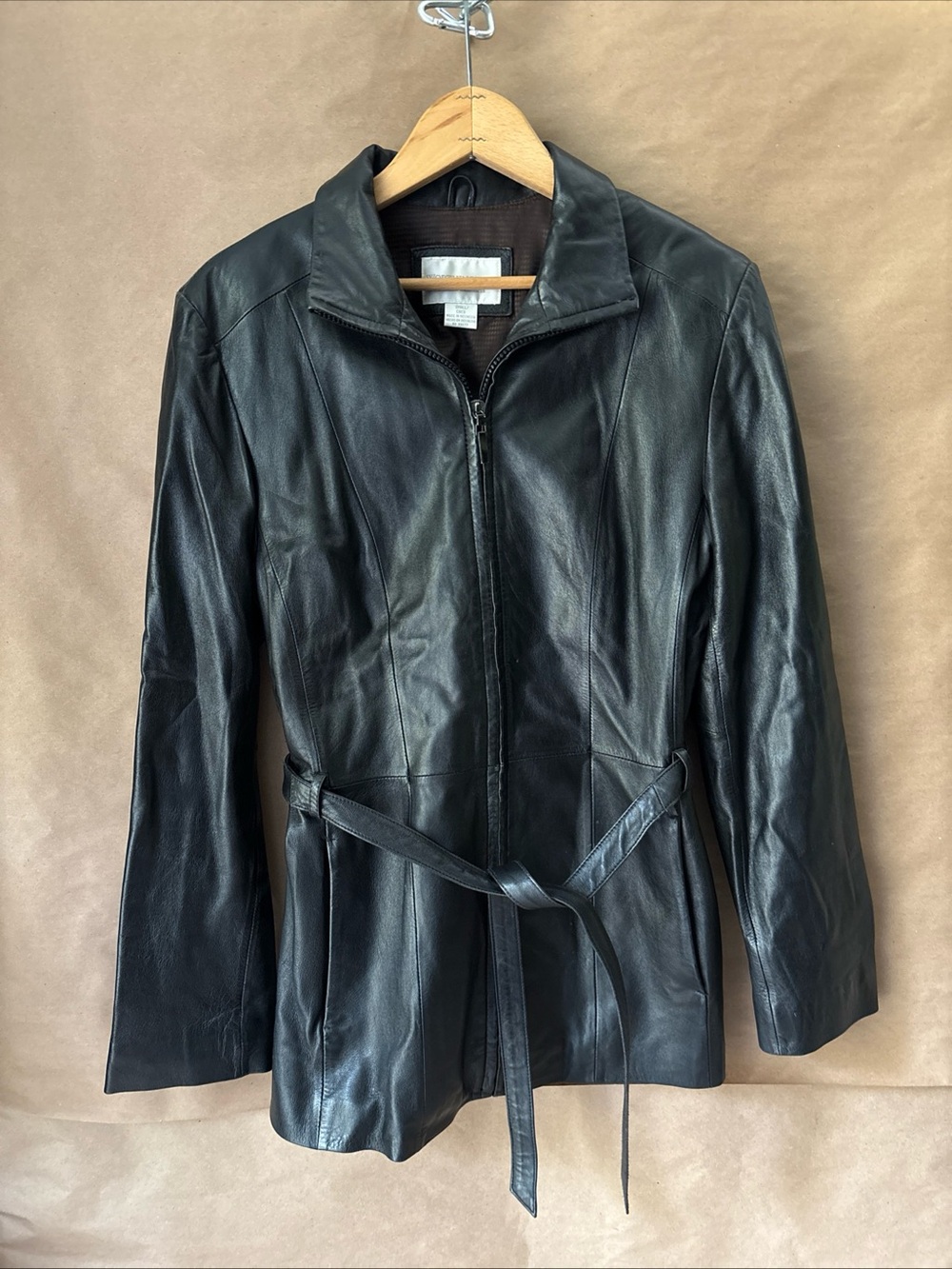 Vintage Worthington Genuine Leather lambskin Jacket Black Zip Belted Coat